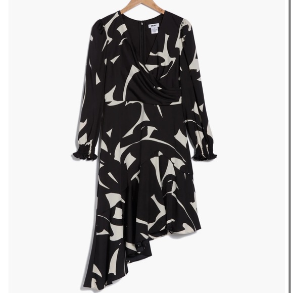 DKNY Women’s Black Eggshell Abstract Asymmetrical Hem Long Sleeve Dress - Picture 3 of 8
